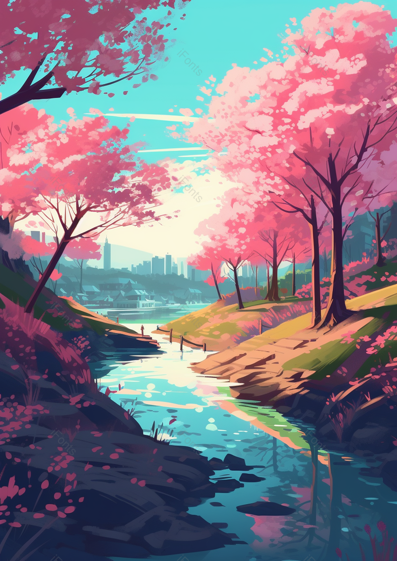 蓝色天空下开满粉色花朵的树林山谷,插画/手绘图,插画/手绘图库,插画/手绘图下载,插画/手绘